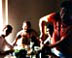 THE KLEZMORIM enjoy dinner in Cannes, 1987. Save it for le vin! L to R: Kenny Wollesen, Lev Liberman, Donald Thornton, Ben Goldberg. [Photo: Rick Foster]