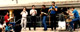 THE KLEZMORIM rock the locals in Tübingen, Germany, 1986. L to R: Donald Thornton, Chris Leaf, Ben Goldberg, Lev Liberman, Kevin Linscott, Ken Bergmann. [Photo: Somebody in Germany]